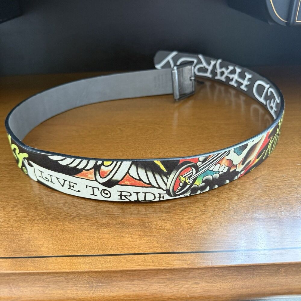 ED HARDY Reversible Black Gray Born To Ride Belt Size 34